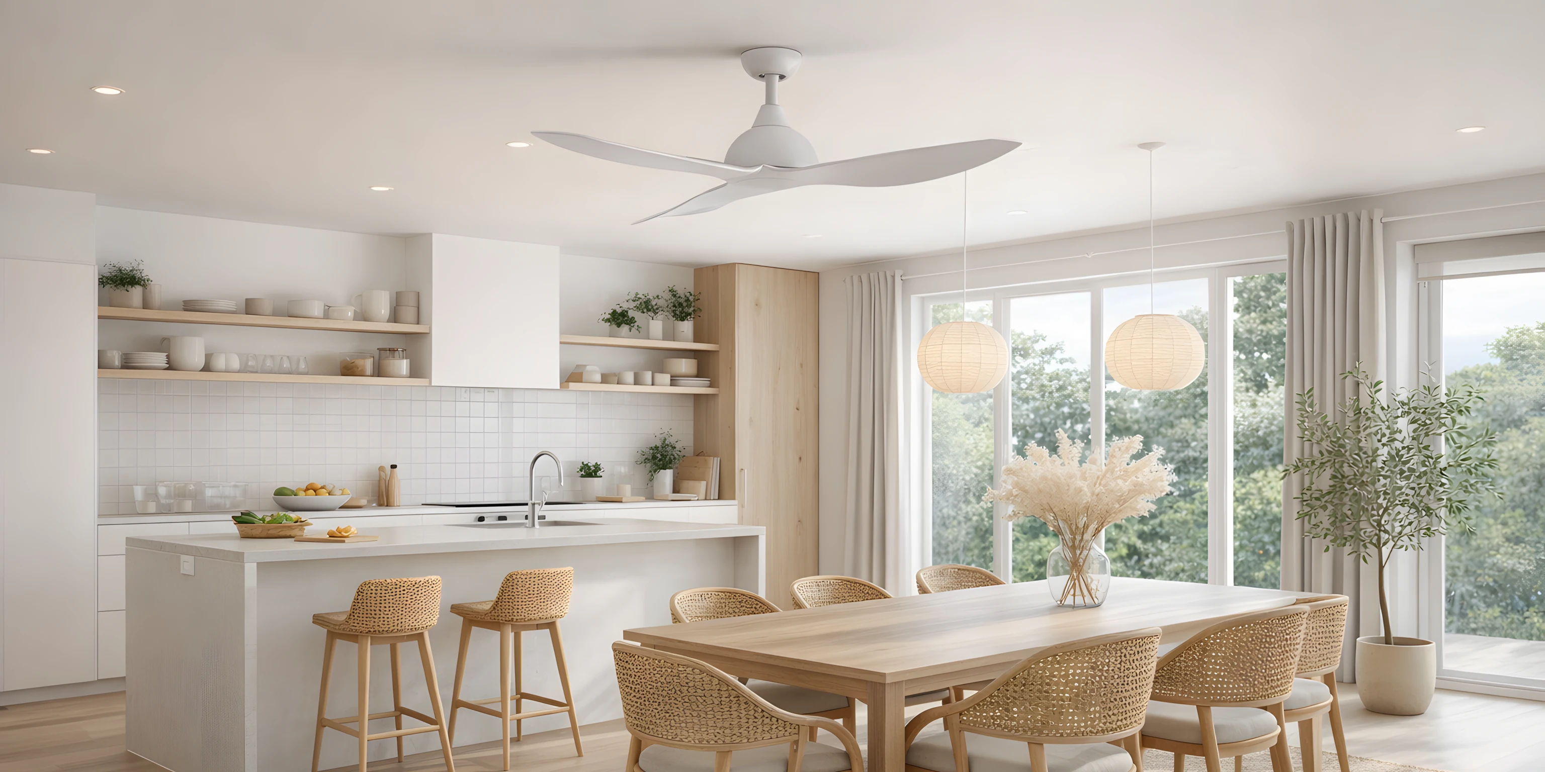 Modern kitchen and dining area with Orae ceiling fan